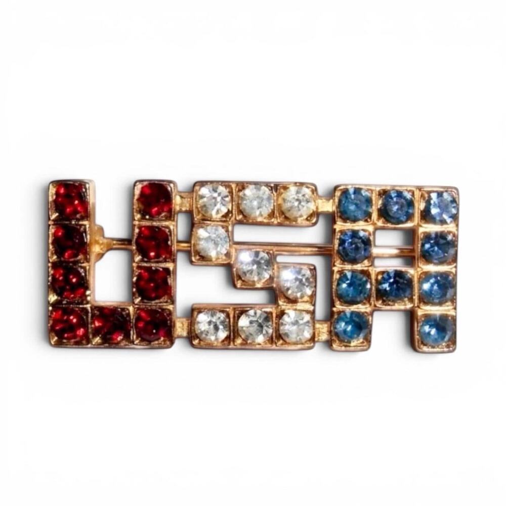 1970s Polcini USA Rhinestone Brooch, Red White Blue Bicentennial Jewelry